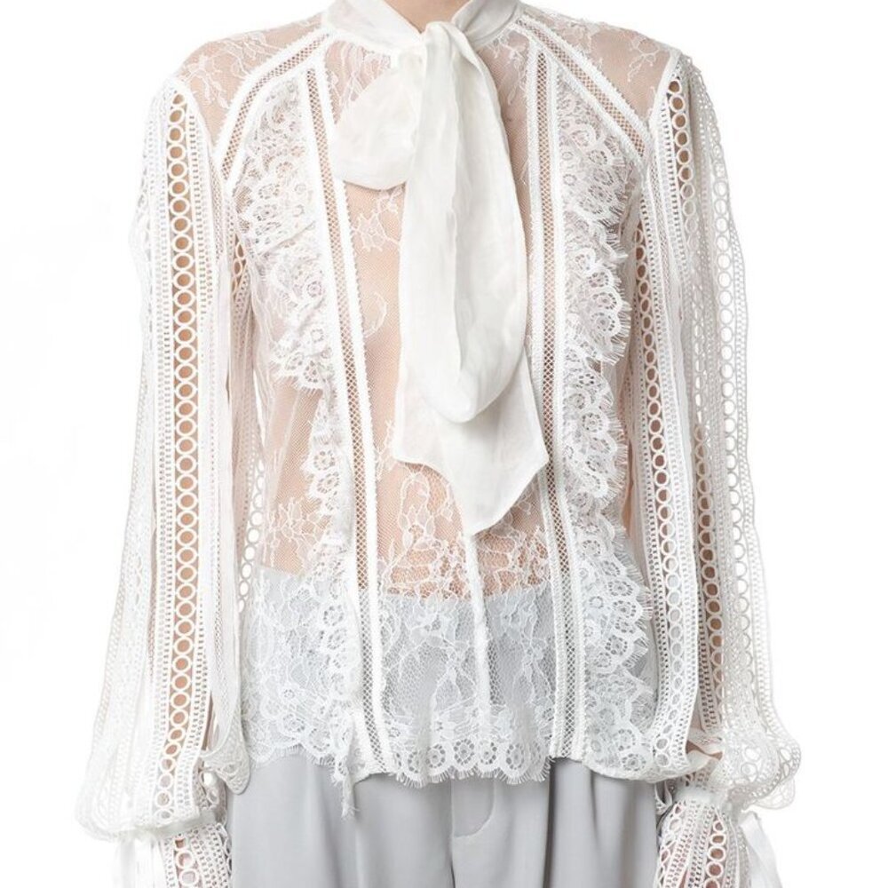 Self Portrait Victorian Romantic Sheer Draped Sleeve Lace Paneled Blouse Size 2 - Picture 3 of 14
